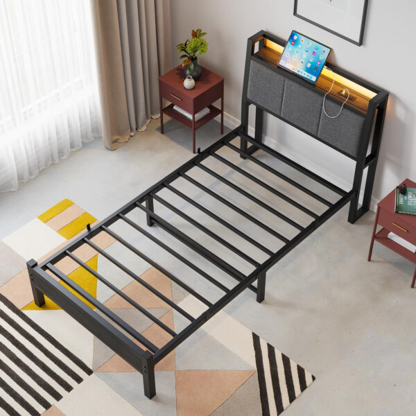 Twin Bed Frame, Ergonomics Bed Frame with Charging Station and LED Lights, Heavy Duty Platform Bed with Fabric Storage Sloped Headboard, No Box Spring Needed, Metal Slats Support(Black)
