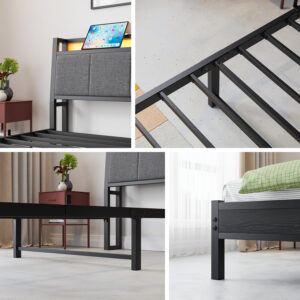 Twin Bed Frame, Ergonomics Bed Frame with Charging Station and LED Lights, Heavy Duty Platform Bed with Fabric Storage Sloped Headboard, No Box Spring Needed, Metal Slats Support(Black)