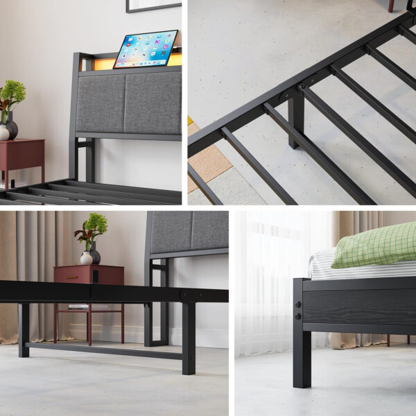 Twin Bed Frame, Ergonomics Bed Frame with Charging Station and LED Lights, Heavy Duty Platform Bed with Fabric Storage Sloped Headboard, No Box Spring Needed, Metal Slats Support(Black)