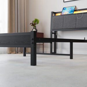 Twin Bed Frame, Ergonomics Bed Frame with Charging Station and LED Lights, Heavy Duty Platform Bed with Fabric Storage Sloped Headboard, No Box Spring Needed, Metal Slats Support(Black)