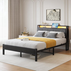 Twin Bed Frame, Ergonomics Bed Frame with Charging Station and LED Lights, Heavy Duty Platform Bed with Fabric Storage Sloped Headboard, No Box Spring Needed, Metal Slats Support(Black)
