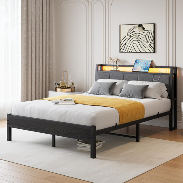 Twin Bed Frame, Ergonomics Bed Frame with Charging Station and LED Lights, Heavy Duty Platform Bed with Fabric Storage Sloped Headboard, No Box Spring Needed, Metal Slats Support(Black)