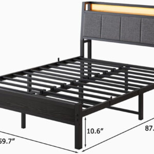 Twin Bed Frame, Ergonomics Bed Frame with Charging Station and LED Lights, Heavy Duty Platform Bed with Fabric Storage Sloped Headboard, No Box Spring Needed, Metal Slats Support(Black)