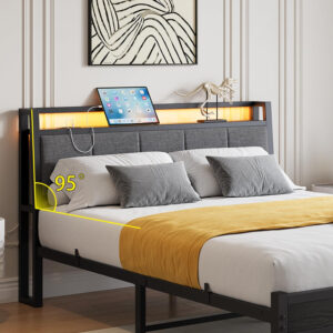 Twin Bed Frame, Ergonomics Bed Frame with Charging Station and LED Lights, Heavy Duty Platform Bed with Fabric Storage Sloped Headboard, No Box Spring Needed, Metal Slats Support(Black)