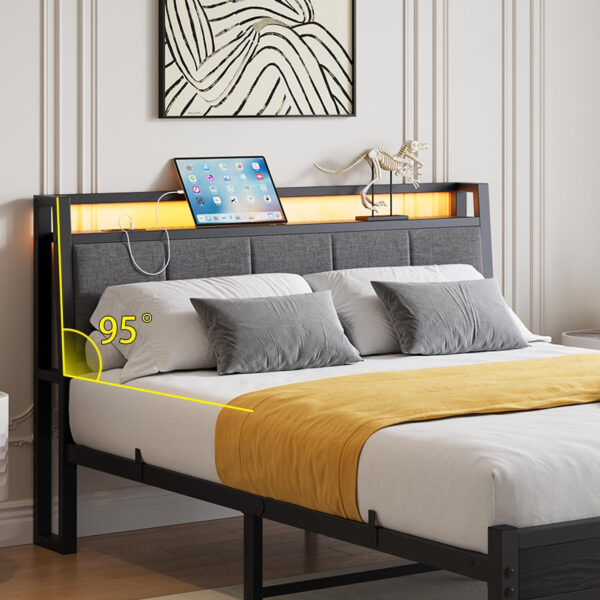 Twin Bed Frame, Ergonomics Bed Frame with Charging Station and LED Lights, Heavy Duty Platform Bed with Fabric Storage Sloped Headboard, No Box Spring Needed, Metal Slats Support(Black)