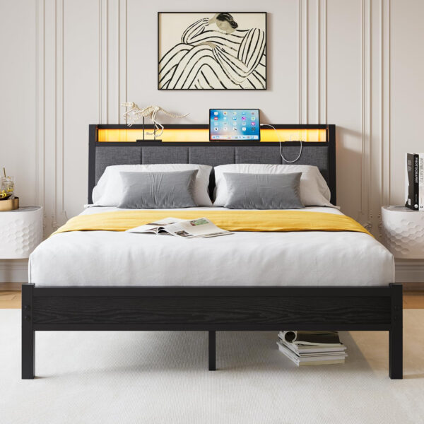 Twin Bed Frame, Ergonomics Bed Frame with Charging Station and LED Lights, Heavy Duty Platform Bed with Fabric Storage Sloped Headboard, No Box Spring Needed, Metal Slats Support(Black)