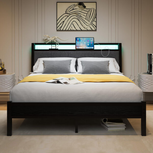 Twin Bed Frame, Ergonomics Bed Frame with Charging Station and LED Lights, Heavy Duty Platform Bed with Fabric Storage Sloped Headboard, No Box Spring Needed, Metal Slats Support(Black)