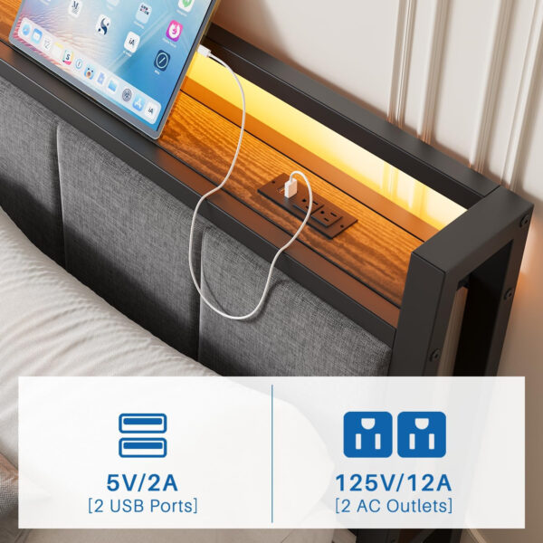 Twin Bed Frame, Ergonomics Bed Frame with Charging Station and LED Lights, Heavy Duty Platform Bed with Fabric Storage Sloped Headboard, No Box Spring Needed, Metal Slats Support(Black)