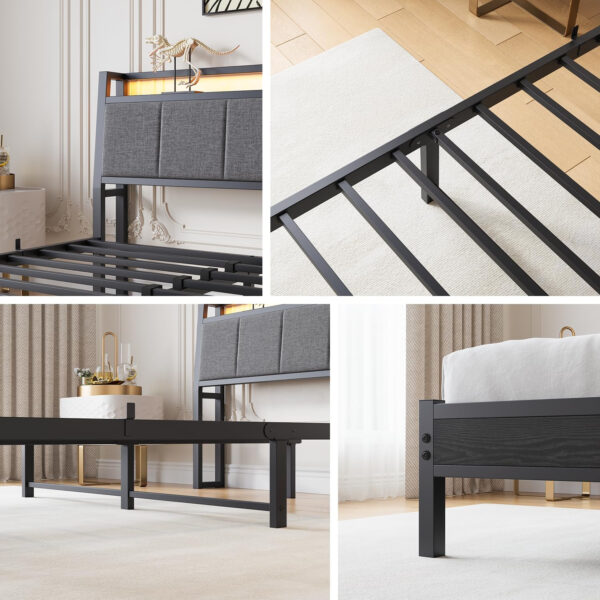 Twin Bed Frame, Ergonomics Bed Frame with Charging Station and LED Lights, Heavy Duty Platform Bed with Fabric Storage Sloped Headboard, No Box Spring Needed, Metal Slats Support(Black)