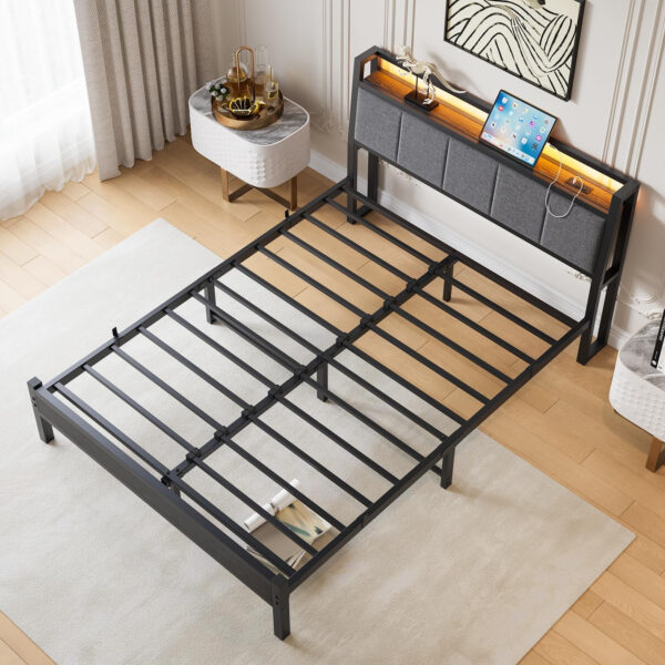 Twin Bed Frame, Ergonomics Bed Frame with Charging Station and LED Lights, Heavy Duty Platform Bed with Fabric Storage Sloped Headboard, No Box Spring Needed, Metal Slats Support(Black)
