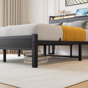 Twin Bed Frame, Ergonomics Bed Frame with Charging Station and LED Lights, Heavy Duty Platform Bed with Fabric Storage Sloped Headboard, No Box Spring Needed, Metal Slats Support(Black)
