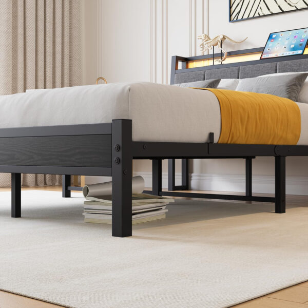 Twin Bed Frame, Ergonomics Bed Frame with Charging Station and LED Lights, Heavy Duty Platform Bed with Fabric Storage Sloped Headboard, No Box Spring Needed, Metal Slats Support(Black)