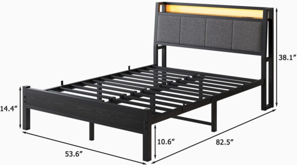 Twin Bed Frame, Ergonomics Bed Frame with Charging Station and LED Lights, Heavy Duty Platform Bed with Fabric Storage Sloped Headboard, No Box Spring Needed, Metal Slats Support(Black)