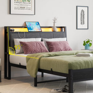 Twin Bed Frame, Ergonomics Bed Frame with Charging Station and LED Lights, Heavy Duty Platform Bed with Fabric Storage Sloped Headboard, No Box Spring Needed, Metal Slats Support(Black)