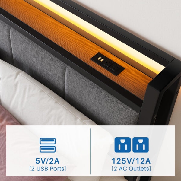 Twin Bed Frame, Ergonomics Bed Frame with Charging Station and LED Lights, Heavy Duty Platform Bed with Fabric Storage Sloped Headboard, No Box Spring Needed, Metal Slats Support(Black)