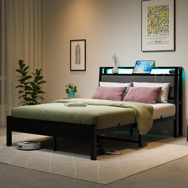 Twin Bed Frame, Ergonomics Bed Frame with Charging Station and LED Lights, Heavy Duty Platform Bed with Fabric Storage Sloped Headboard, No Box Spring Needed, Metal Slats Support(Black)