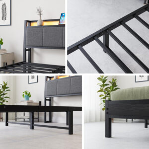 Twin Bed Frame, Ergonomics Bed Frame with Charging Station and LED Lights, Heavy Duty Platform Bed with Fabric Storage Sloped Headboard, No Box Spring Needed, Metal Slats Support(Black)