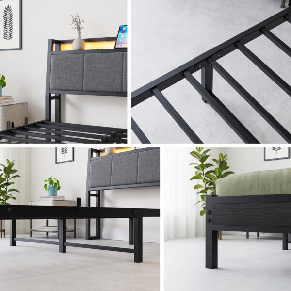 Twin Bed Frame, Ergonomics Bed Frame with Charging Station and LED Lights, Heavy Duty Platform Bed with Fabric Storage Sloped Headboard, No Box Spring Needed, Metal Slats Support(Black)