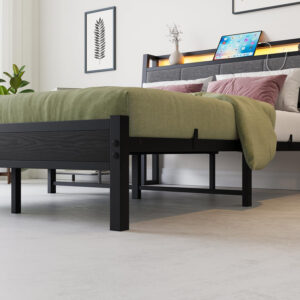 Twin Bed Frame, Ergonomics Bed Frame with Charging Station and LED Lights, Heavy Duty Platform Bed with Fabric Storage Sloped Headboard, No Box Spring Needed, Metal Slats Support(Black)