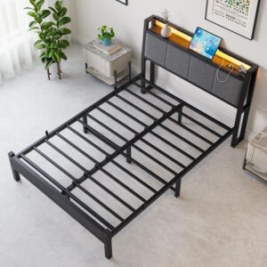 Twin Bed Frame, Ergonomics Bed Frame with Charging Station and LED Lights, Heavy Duty Platform Bed with Fabric Storage Sloped Headboard, No Box Spring Needed, Metal Slats Support(Black)