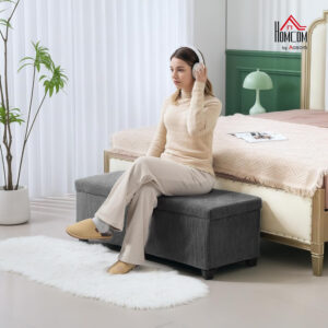 HOMCOM 44 Inches Storage Ottoman Bench, Foot Rest with Removable Lid, Legs, End of Bed Bench, Corduroy Storage Chest, Padded Seat, for Living Room, Bedroom, Entryway, Gray