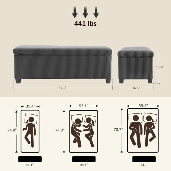 HOMCOM 44 Inches Storage Ottoman Bench, Foot Rest with Removable Lid, Legs, End of Bed Bench, Corduroy Storage Chest, Padded Seat, for Living Room, Bedroom, Entryway, Gray
