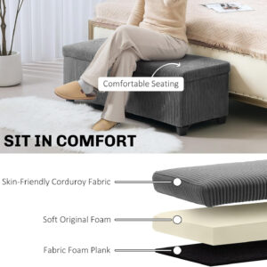 HOMCOM 44 Inches Storage Ottoman Bench, Foot Rest with Removable Lid, Legs, End of Bed Bench, Corduroy Storage Chest, Padded Seat, for Living Room, Bedroom, Entryway, Gray