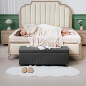 HOMCOM 44 Inches Storage Ottoman Bench, Foot Rest with Removable Lid, Legs, End of Bed Bench, Corduroy Storage Chest, Padded Seat, for Living Room, Bedroom, Entryway, Gray