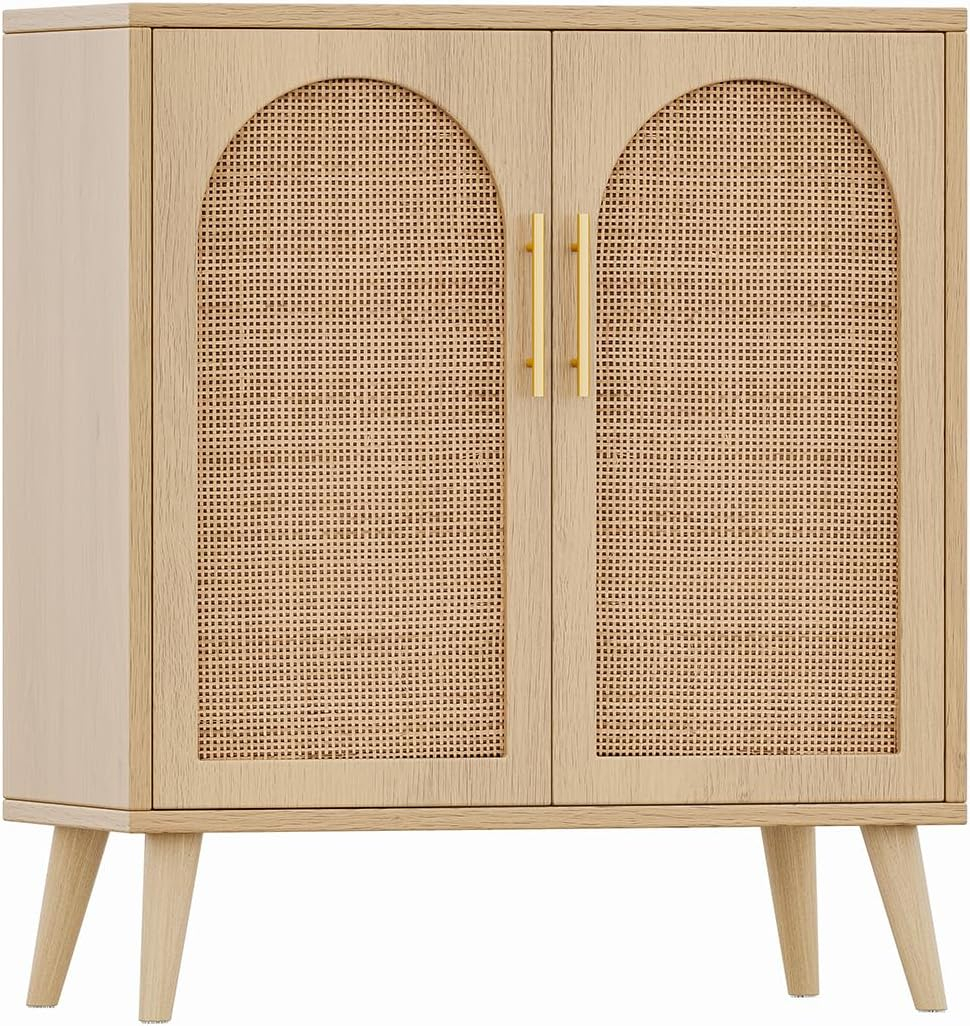 Rovaurx Rattan Storage Cabinet with Doors, Modern Accent Bathroom Floor Cabinet, Sideboard Buffet for Living Room, Entryway, Dining Room and Kitchen, Natural BMGZ108M