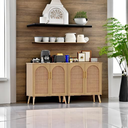 Rovaurx Rattan Storage Cabinet with Doors, Modern Accent Bathroom Floor Cabinet, Sideboard Buffet for Living Room, Entryway, Dining Room and Kitchen, Natural BMGZ108M