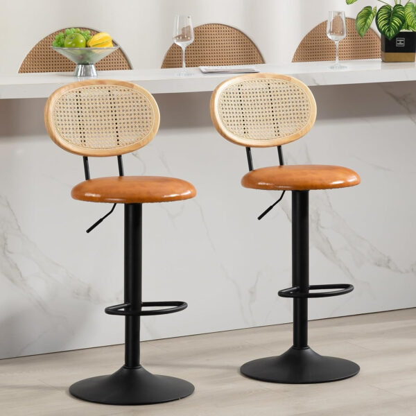 Finnhomy Modern Rattan Bar Stools Set of 2 - Natural Woven Design, Swivel Seat, Footrest, and Cane Backrest, Height Adjustable Bar Chairs for Kitchen Counter and Dining Room, PU Whisky