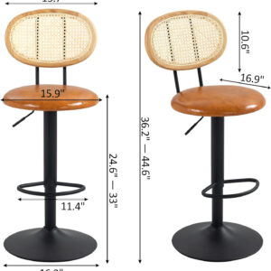 Finnhomy Modern Rattan Bar Stools Set of 2 - Natural Woven Design, Swivel Seat, Footrest, and Cane Backrest, Height Adjustable Bar Chairs for Kitchen Counter and Dining Room, PU Whisky