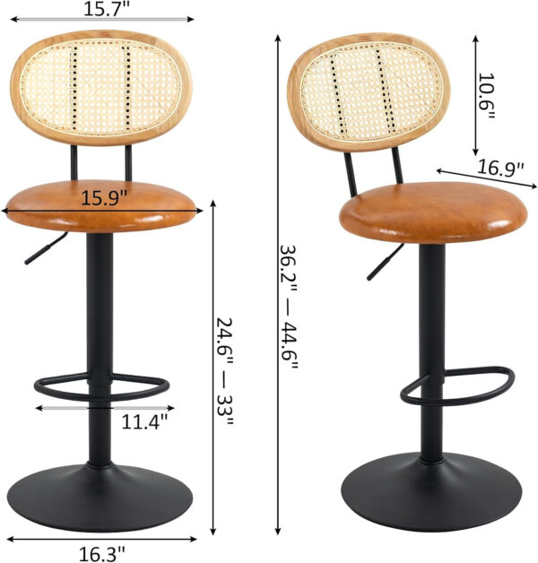 Finnhomy Modern Rattan Bar Stools Set of 2 - Natural Woven Design, Swivel Seat, Footrest, and Cane Backrest, Height Adjustable Bar Chairs for Kitchen Counter and Dining Room, PU Whisky