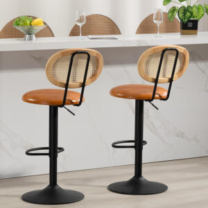 Finnhomy Modern Rattan Bar Stools Set of 2 - Natural Woven Design, Swivel Seat, Footrest, and Cane Backrest, Height Adjustable Bar Chairs for Kitchen Counter and Dining Room, PU Whisky
