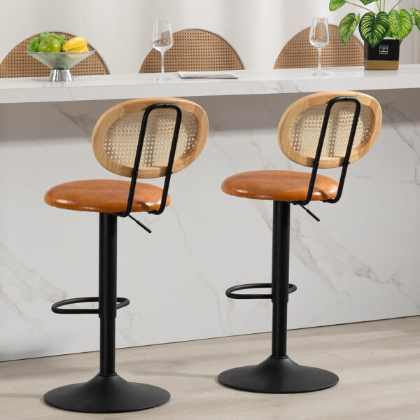 Finnhomy Modern Rattan Bar Stools Set of 2 - Natural Woven Design, Swivel Seat, Footrest, and Cane Backrest, Height Adjustable Bar Chairs for Kitchen Counter and Dining Room, PU Whisky