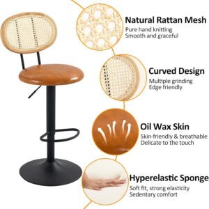 Finnhomy Modern Rattan Bar Stools Set of 2 - Natural Woven Design, Swivel Seat, Footrest, and Cane Backrest, Height Adjustable Bar Chairs for Kitchen Counter and Dining Room, PU Whisky