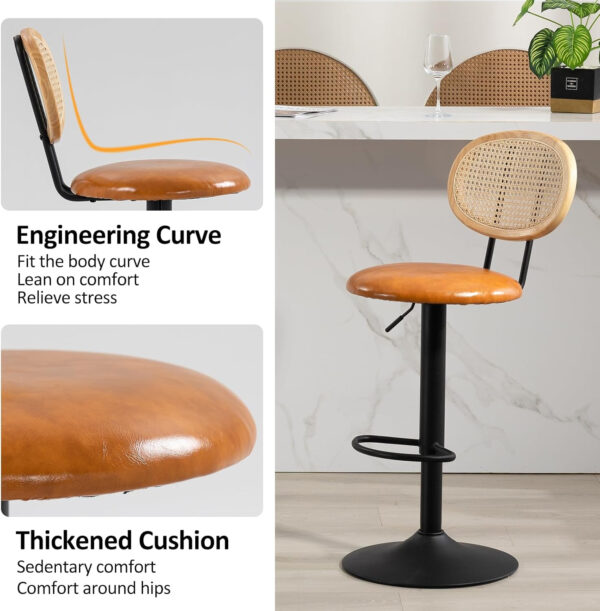 Finnhomy Modern Rattan Bar Stools Set of 2 - Natural Woven Design, Swivel Seat, Footrest, and Cane Backrest, Height Adjustable Bar Chairs for Kitchen Counter and Dining Room, PU Whisky