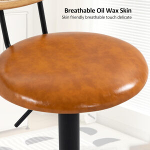 Finnhomy Modern Rattan Bar Stools Set of 2 - Natural Woven Design, Swivel Seat, Footrest, and Cane Backrest, Height Adjustable Bar Chairs for Kitchen Counter and Dining Room, PU Whisky