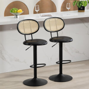 Finnhomy Modern Rattan Bar Stools Set of 2 - Natural Woven Design, Swivel Seat, Footrest, and Cane Backrest, Height Adjustable Bar Chairs for Kitchen Counter and Dining Room, PU Whisky