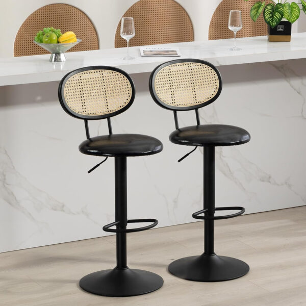 Finnhomy Modern Rattan Bar Stools Set of 2 - Natural Woven Design, Swivel Seat, Footrest, and Cane Backrest, Height Adjustable Bar Chairs for Kitchen Counter and Dining Room, PU Whisky