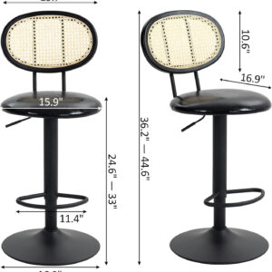 Finnhomy Modern Rattan Bar Stools Set of 2 - Natural Woven Design, Swivel Seat, Footrest, and Cane Backrest, Height Adjustable Bar Chairs for Kitchen Counter and Dining Room, PU Whisky