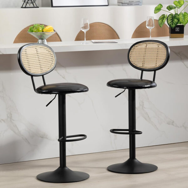 Finnhomy Modern Rattan Bar Stools Set of 2 - Natural Woven Design, Swivel Seat, Footrest, and Cane Backrest, Height Adjustable Bar Chairs for Kitchen Counter and Dining Room, PU Whisky
