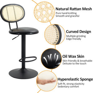 Finnhomy Modern Rattan Bar Stools Set of 2 - Natural Woven Design, Swivel Seat, Footrest, and Cane Backrest, Height Adjustable Bar Chairs for Kitchen Counter and Dining Room, PU Whisky