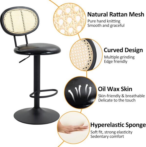 Finnhomy Modern Rattan Bar Stools Set of 2 - Natural Woven Design, Swivel Seat, Footrest, and Cane Backrest, Height Adjustable Bar Chairs for Kitchen Counter and Dining Room, PU Whisky