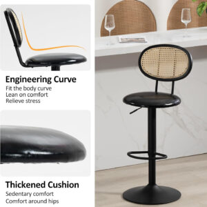 Finnhomy Modern Rattan Bar Stools Set of 2 - Natural Woven Design, Swivel Seat, Footrest, and Cane Backrest, Height Adjustable Bar Chairs for Kitchen Counter and Dining Room, PU Whisky