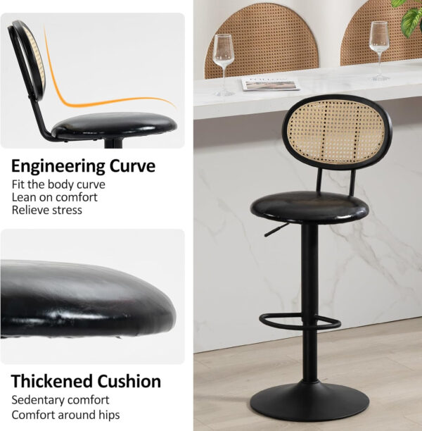 Finnhomy Modern Rattan Bar Stools Set of 2 - Natural Woven Design, Swivel Seat, Footrest, and Cane Backrest, Height Adjustable Bar Chairs for Kitchen Counter and Dining Room, PU Whisky