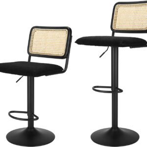 Finnhomy Modern Rattan Bar Stools Set of 2 - Natural Woven Design, Swivel Seat, Footrest, and Cane Backrest, Height Adjustable Bar Chairs for Kitchen Counter and Dining Room, PU Whisky