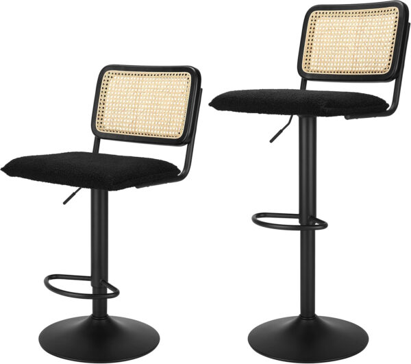 Finnhomy Modern Rattan Bar Stools Set of 2 - Natural Woven Design, Swivel Seat, Footrest, and Cane Backrest, Height Adjustable Bar Chairs for Kitchen Counter and Dining Room, PU Whisky