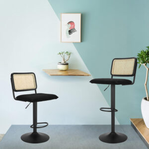 Finnhomy Modern Rattan Bar Stools Set of 2 - Natural Woven Design, Swivel Seat, Footrest, and Cane Backrest, Height Adjustable Bar Chairs for Kitchen Counter and Dining Room, PU Whisky