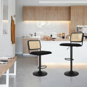 Finnhomy Modern Rattan Bar Stools Set of 2 - Natural Woven Design, Swivel Seat, Footrest, and Cane Backrest, Height Adjustable Bar Chairs for Kitchen Counter and Dining Room, PU Whisky